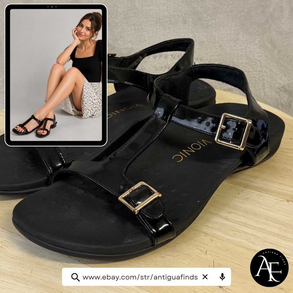 Vionic Adriane Black Patent T-Strap Sandals Gold Buckle Orthotic Womens 10 Wide